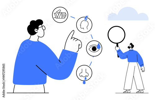 Person gestures toward senses icons touch, sight, smell, hearing while another examines symbols with magnifying glass. Ideal for education, learning, communication, health, analysis science simple