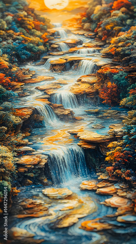 Serene cascading waterfall flows through vibrant autumnal foliage creating a breathtaking spectacle of natures artistr