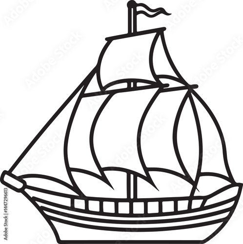 sailing ship line art, black outline, vector and illustration, coloring book page line art drawing