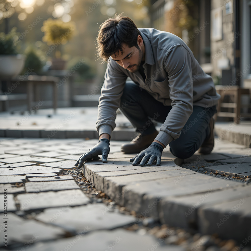 An intimate view of a worker focused on adjusting the position of a curved paving stone which fits into a circular pattern. The surrounding environment is softly blurred An intimate view of a worker focused on adjusting the position of a curved paving stone which fits into a circular pattern. The surrounding environment is softly blurred