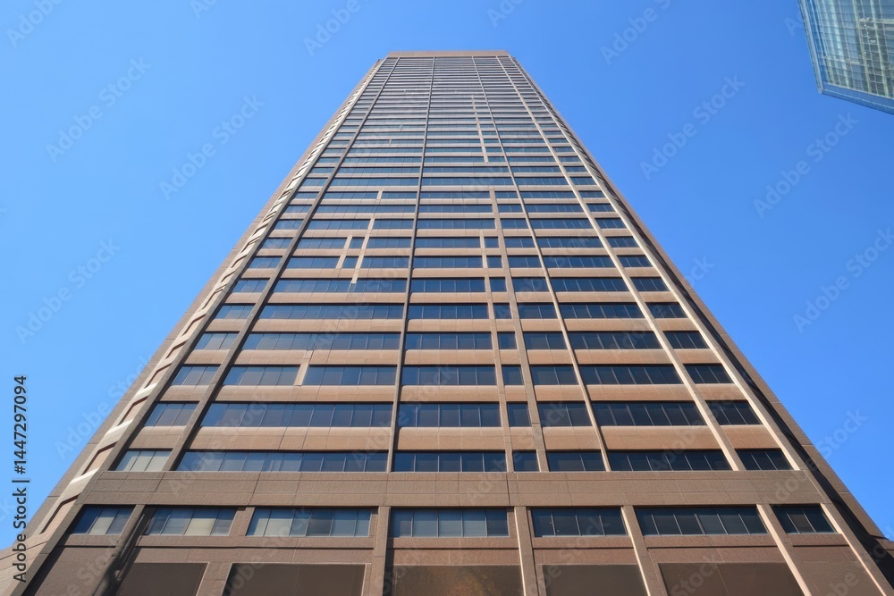 Brown skyscraper viewed from below against a clear bright blue sky. Show the height, architecture, and strong structure of modern buildings. Brown skyscraper viewed from below against a clear bright blue sky. Show the height, architecture, and strong structure of modern buildings.