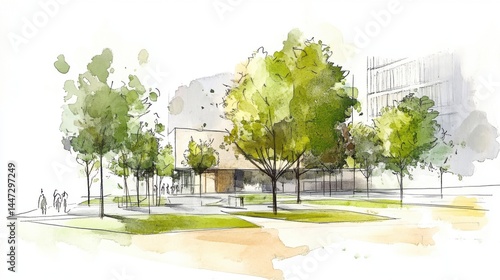 Fototapeta Naklejka Na Ścianę i Meble -  Tranquil Watercolor Park Scene with Lush Greenery and Small Building