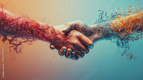 collaboration for solution and answer. Hands shaking with a colorful, abstract water splash effect.