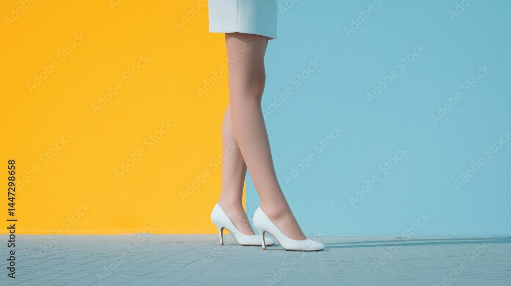 Elegant woman in white heels standing against contrasting colorful backdrop during daylight.