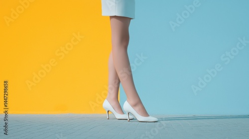 Obraz na płótnie Elegant woman in white heels standing against contrasting colorful backdrop during daylight. w salonie