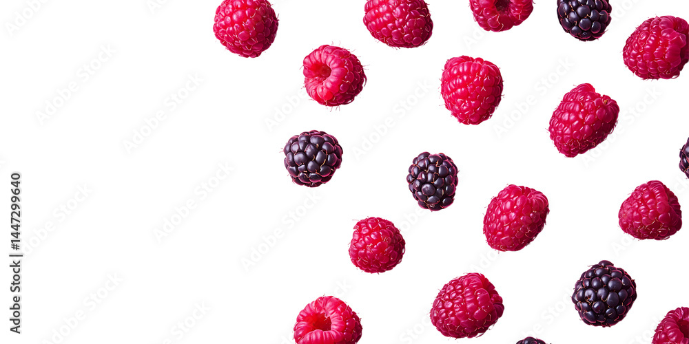 Fresh raspberries and blackberries scattered in a loose arrangement. Fresh raspberries and blackberries scattered in a loose arrangement.
