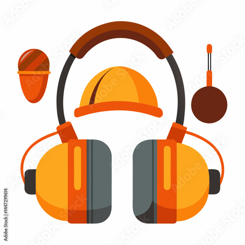 Ear protection equipment in a flat style with safety colors  