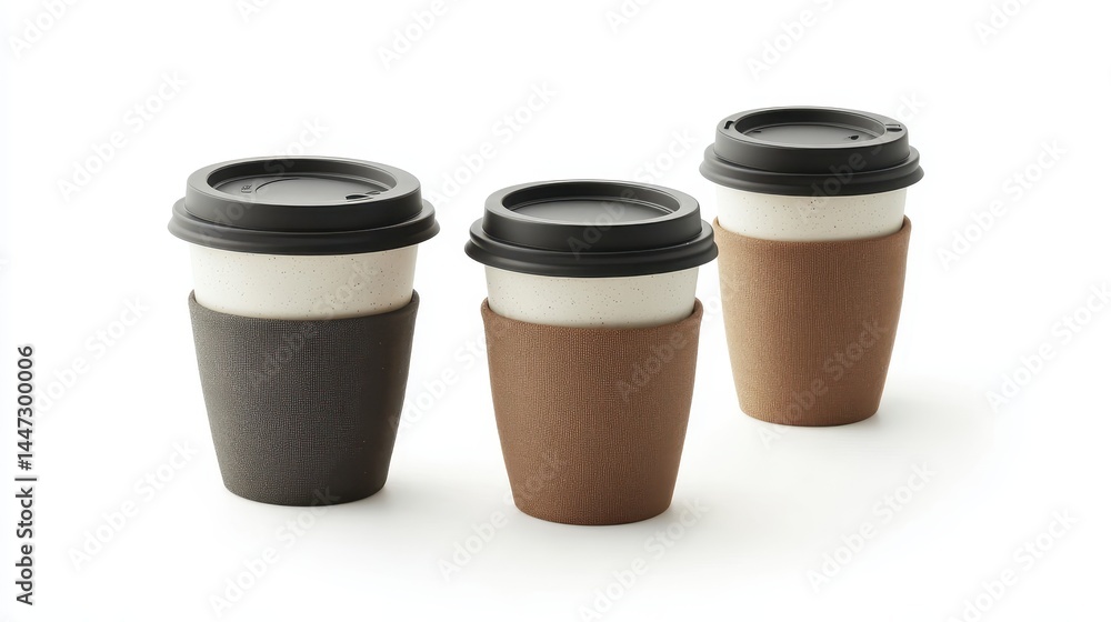 Three ceramic cups with lids and cardboard sleeves on white background. Useful for cafe menu, coffee shops, or beverage packaging illustration. Three ceramic cups with lids and cardboard sleeves on white background. Useful for cafe menu, coffee shops, or beverage packaging illustration.