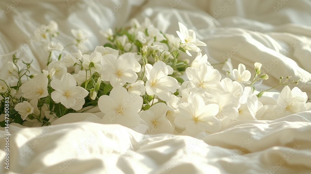 White phlox flowers and green stems lay on a silk white bedsheet. Perfect for backgrounds, love letters, invitations, and special events. White phlox flowers and green stems lay on a silk white bedsheet. Perfect for backgrounds, love letters, invitations, and special events.