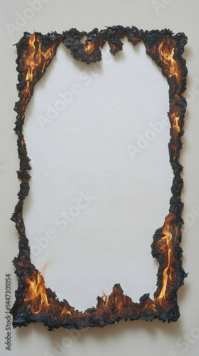 Charred frame encircles a blank canvas flames licking its edges creating a striking visual contrast of destruction and