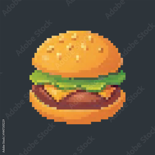 burger food in pixel art style with isolated background