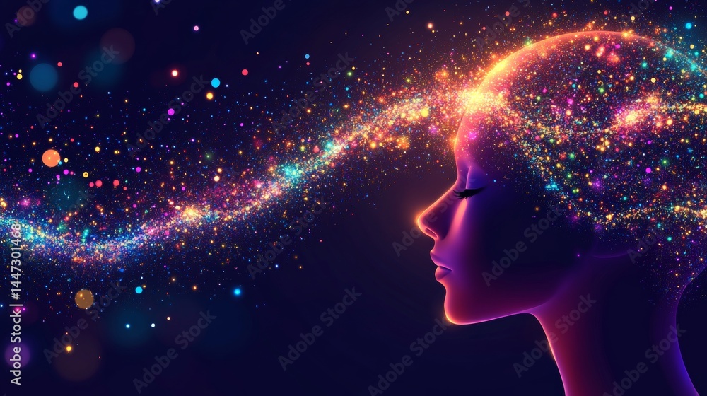 Human Head Silhouette with Esoteric Glowing Brain on Dark Background, Concept of Meditation Human Head Silhouette with Esoteric Glowing Brain on Dark Background, Concept of Meditation