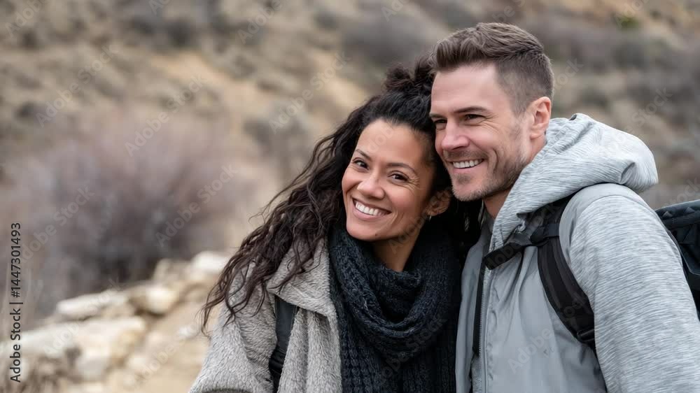 A happy couple smiling for the camera while enjoying a peaceful hike on a nature trail, showcasing love, connection, and the joy of exploring the outdoors together. A happy couple smiling for the camera while enjoying a peaceful hike on a nature trail, showcasing love, connection, and the joy of exploring the outdoors together.