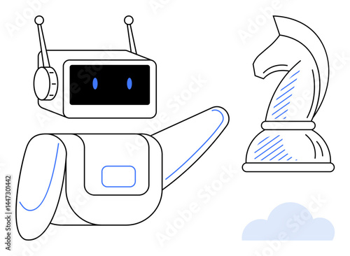 Robot interacting with chess knight, combining technology with strategy concepts. Ideal for artificial intelligence, machine learning, problem-solving, decision-making, innovation, strategy