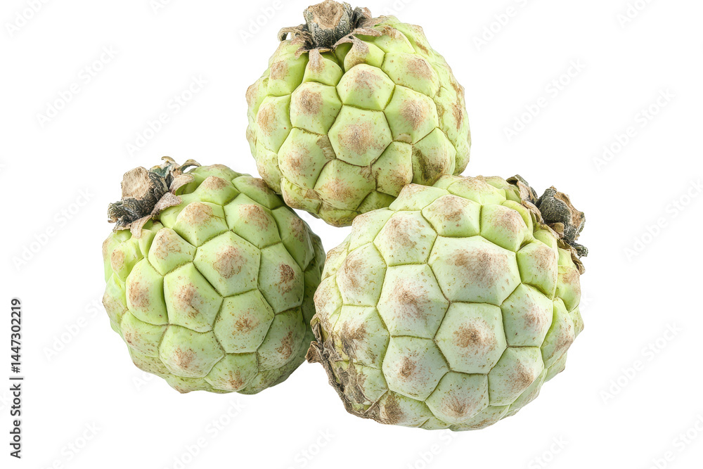 Close-up view of three light green, textured fruits stacked. The fruits have a hexagonal pattern on their skin.