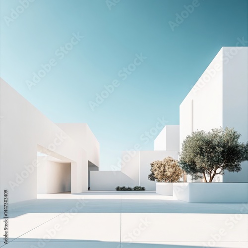 Minimalist architecture with trees on transparent background