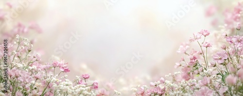 Delicate pink and white flowers bloom in a soft natural arrangement