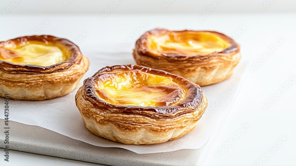 Delicious Portuguese Egg Tarts on White Background egg tart pastel de nata Portuguese dessert pastry Delicious Portuguese Egg Tarts on White Background egg tart pastel de nata Portuguese dessert pastry
