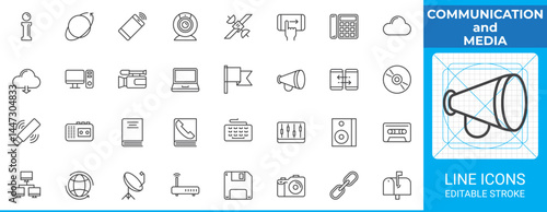 Communication and media line icons set