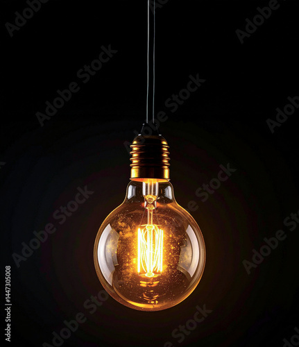 Una bombilla encendida alumbrando en la oscuridad durante un apagón de luz colgando de un cable eléctrico con casquillo dorado retro