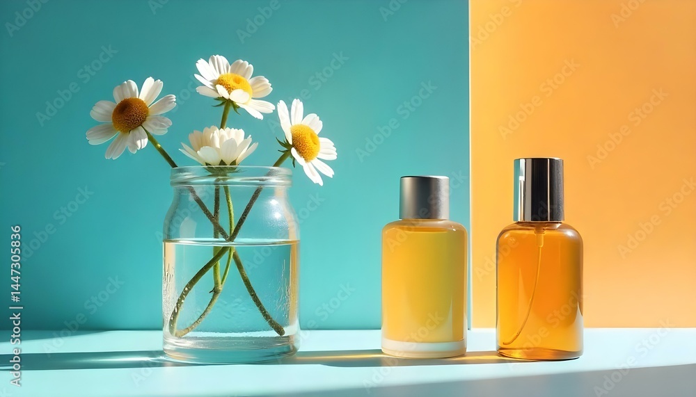 white wildflowers behind textured glass near organic beauty product in bottle on blue background white wildflowers behind textured glass near organic beauty product in bottle on blue background