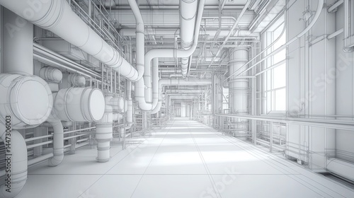 Fototapeta Naklejka Na Ścianę i Meble -  A detailed architectural wireframe of a vast industrial interior space. It illustrates engineering or industrial concepts, ideal for presentations.