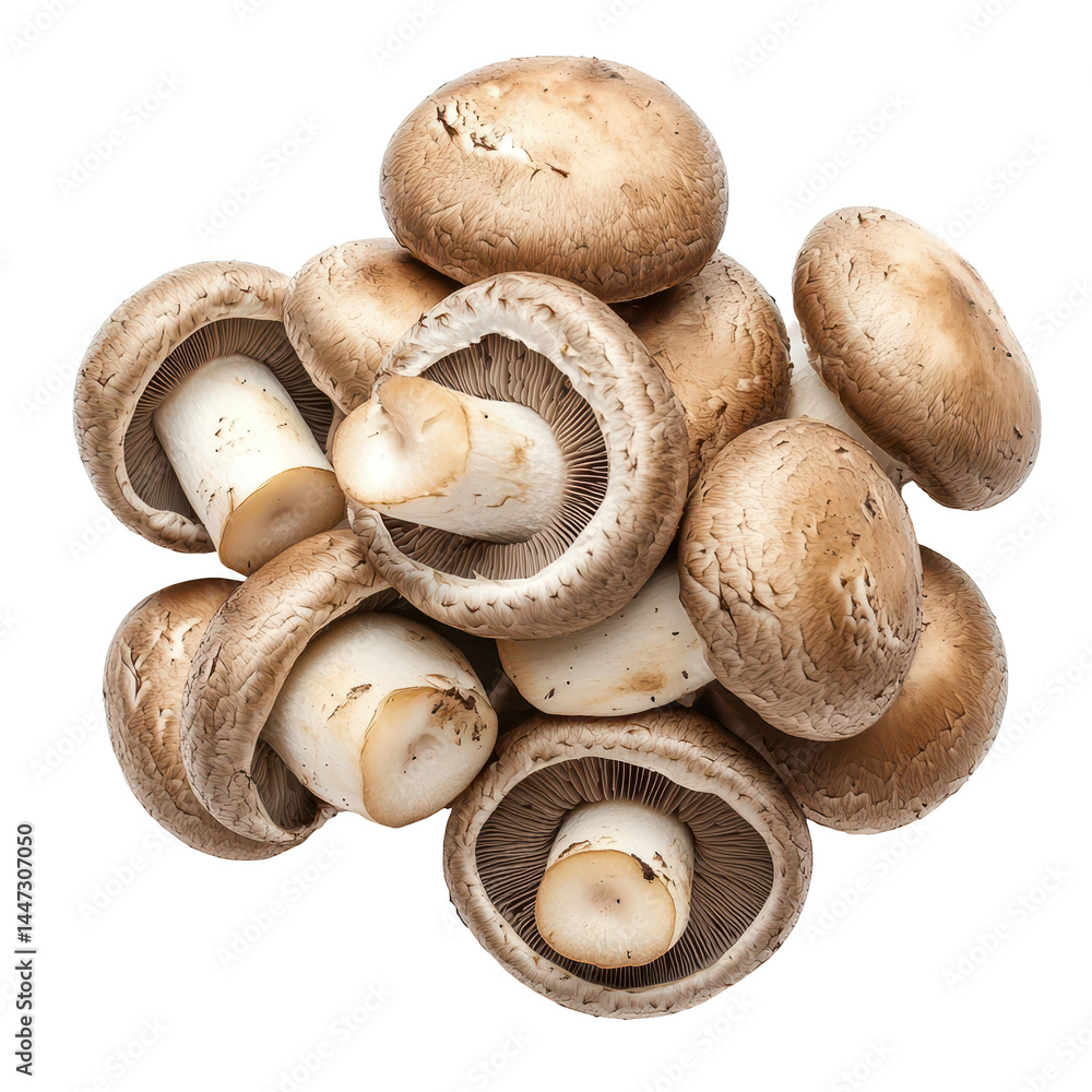 Fresh brown mushrooms arranged in a pile on a white background for culinary use or presentation Fresh brown mushrooms arranged in a pile on a white background for culinary use or presentation