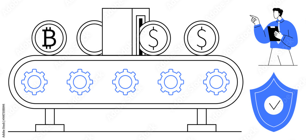 Conveyor belt moving coins with currency symbols, gears below, man with clipboard, shield with checkmark. Ideal for finance, blockchain, automation, security technology fintech business. Flat Conveyor belt moving coins with currency symbols, gears below, man with clipboard, shield with checkmark. Ideal for finance, blockchain, automation, security technology fintech business. Flat