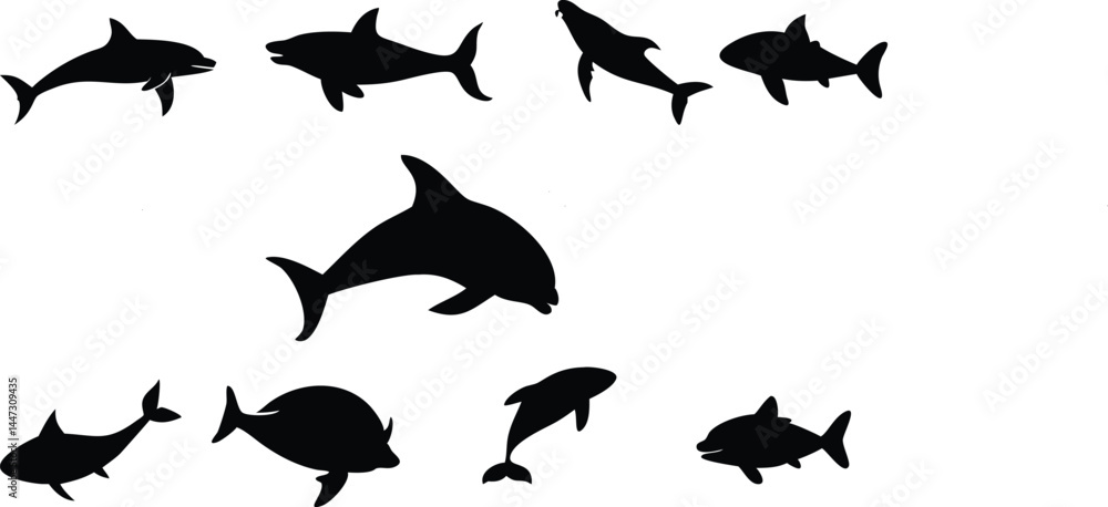 Fototapeta premium Fish and Dolphin Silhouette Vector Set: Marine Animal Black Sea Life Shapes