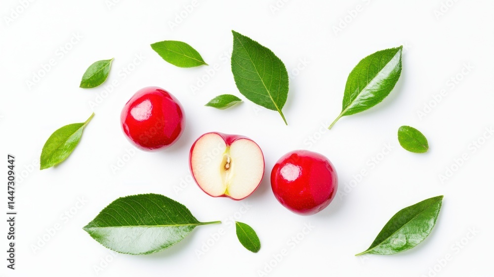 Red Apples Halved with Green Leaves on White Background Red Apples Halved with Green Leaves on White Background