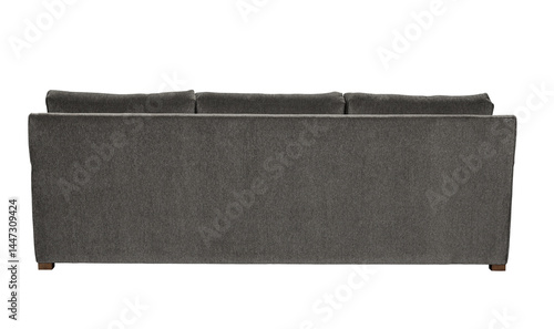 Back view of a modern three seater gray fabric sofa isolated + clipping path. Furniture Collection. Please see some similar pictures from my portfolio.
