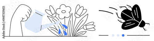 Human hand pours water on blooming flowers, promoting growth and care, while a flying insect buzzes away. Ideal for gardening, growth, eco-awareness, nature, renewal, responsibility simple landing