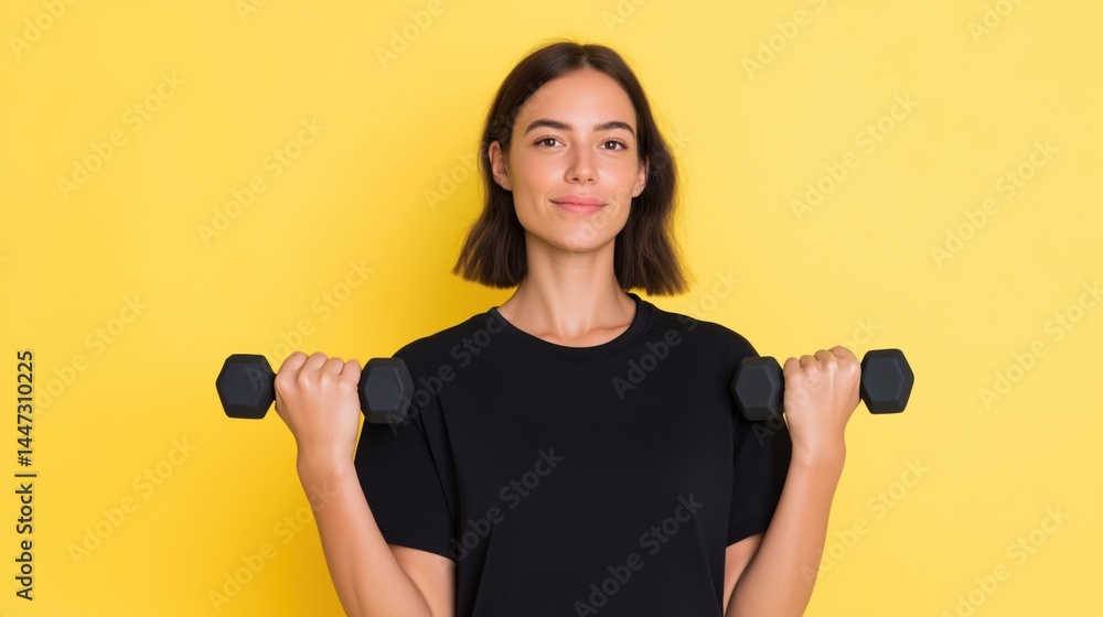 Woman holding dumbbells in a bright yellow room while preparing for a workout session focused on fitness and health.