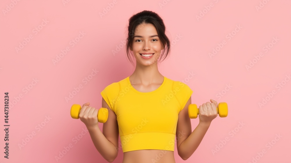 Engaging workout session with a young woman in bright yellow top holding dumbbells against a pink background.