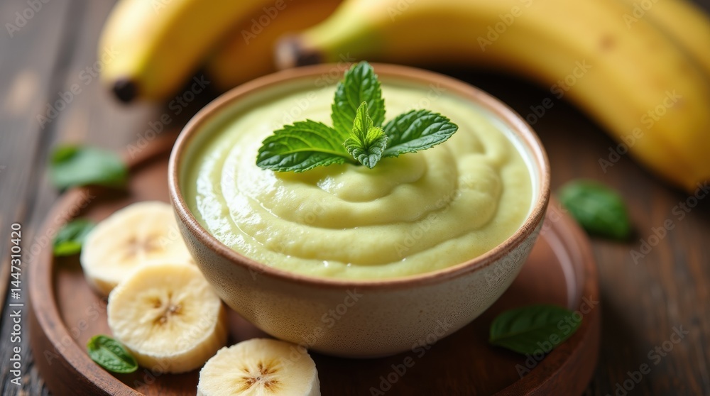 Banana smoothie with mint on table, some bananas visible. For health, recipes, dietary, or healthy concepts
Banana smoothie with mint on table, some bananas visible. For health, recipes, dietary, or healthy concepts