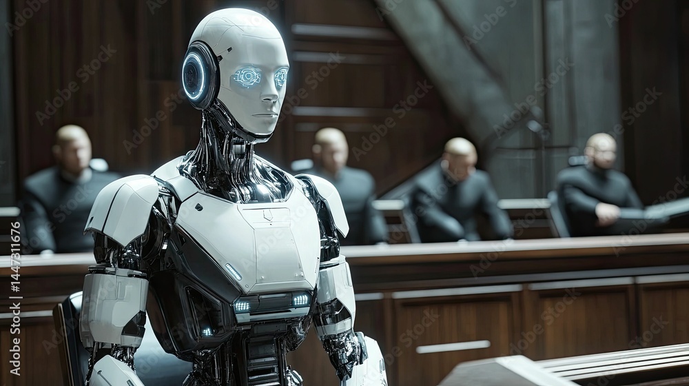 Fototapeta premium Humanoid robot sits courtroom, witnesses present.