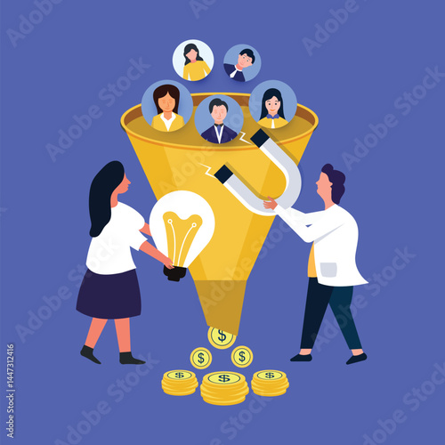 Funnel sales analyzing. Lead generation, marketing funnel and selling strategy vector
