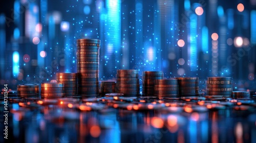 Stacks of coins, digital cityscape