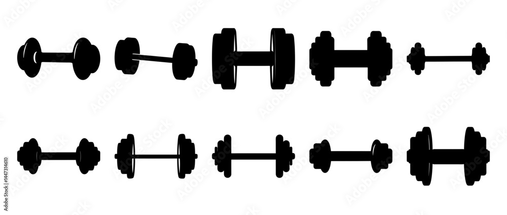 Collection of Various Dumbbell and Barbell Weights Illustrations in Black Silhouettes Collection of Various Dumbbell and Barbell Weights Illustrations in Black Silhouettes
