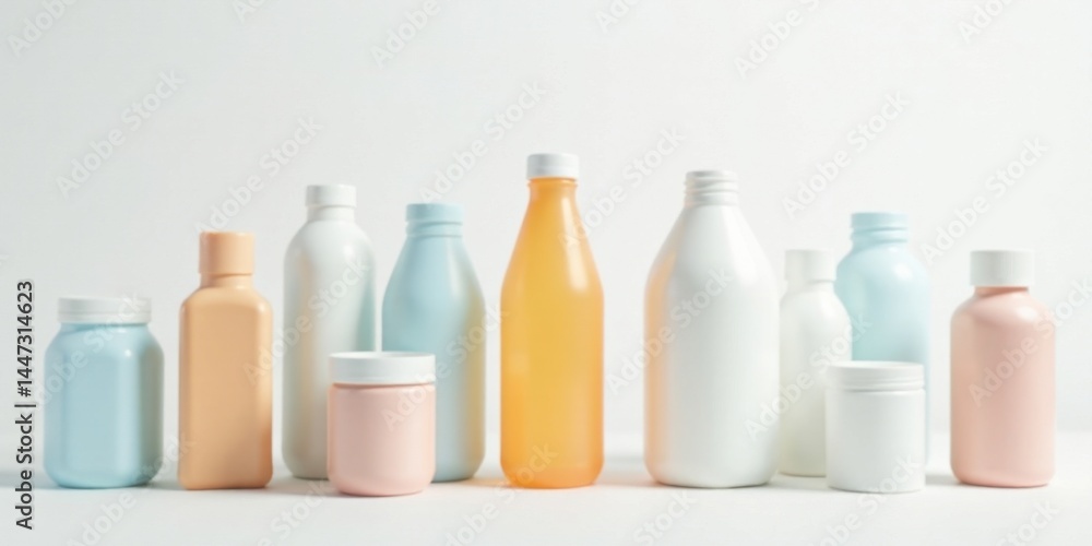 Collection of pastel-colored bottles and containers, showcasing various shapes and sizes for product packaging concepts Collection of pastel-colored bottles and containers, showcasing various shapes and sizes for product packaging concepts