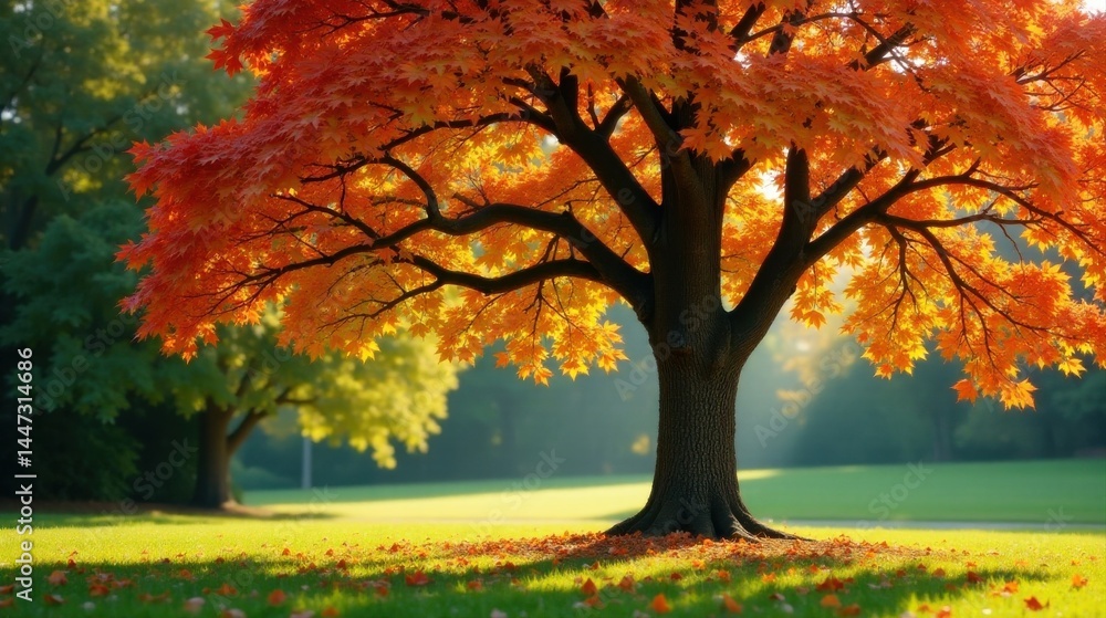 Autumnal Majesty A Single Tree in Golden Hues, Basking in the Warm Glow of Sunlight, Its Leaves a Symphony of Orange and Yellow, Casting Shadows on a Verdant Meadow Autumnal Majesty A Single Tree in Golden Hues, Basking in the Warm Glow of Sunlight, Its Leaves a Symphony of Orange and Yellow, Casting Shadows on a Verdant Meadow