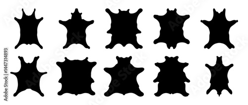 Collection of Ten Animal Hide Silhouettes Various Shapes and Sizes Black on White Background