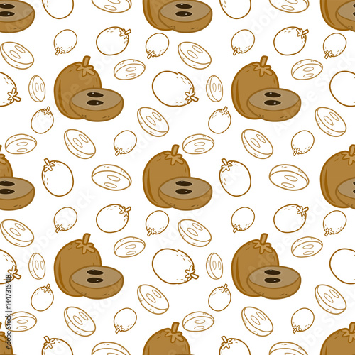 Earthy Brown Sapodilla Pattern: A Seamless Repeat Design Featuring Whole and Sliced Sapodilla Fruits on a White Background