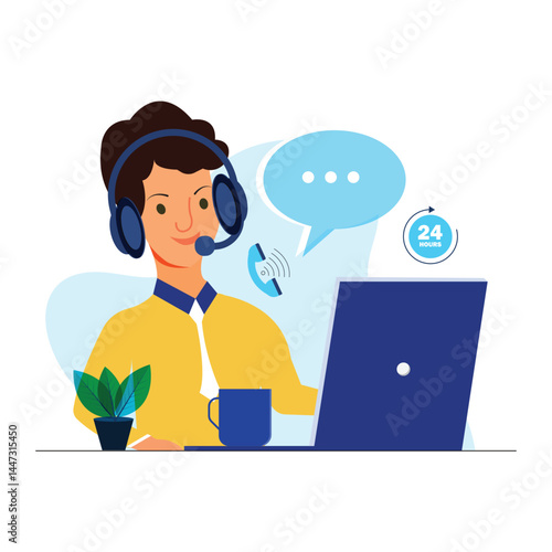 Customer service representative with headphones and microphone with laptop concept