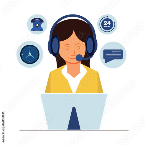 Customer service. Woman operator call center with headphones and microphone with laptop