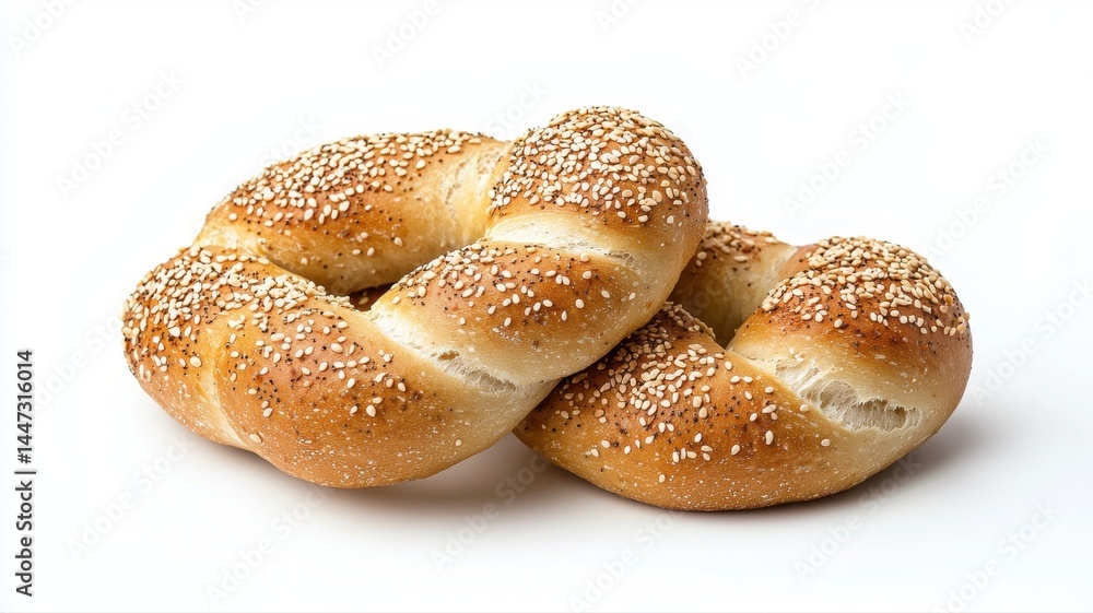 Sesame Seed Twisted Bagels Stacked on White Background sesame bagels sesame seeds twisted bread food Sesame Seed Twisted Bagels Stacked on White Background sesame bagels sesame seeds twisted bread food