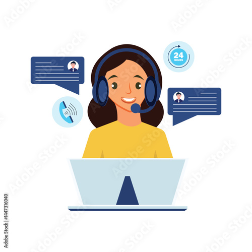 live chat Customer service support. Woman operator call center with headphones and microphone with laptop