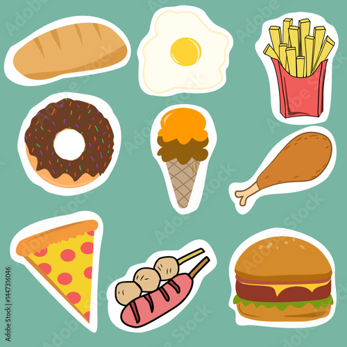 Colorful Fast Food Sticker Collection: Vibrant Set Featuring Burger, Pizza, Fries, Donut, Ice Cream, Fried Egg, Bread, Grilled Sausage Skewers, and Fried Chicken Leg on Teal