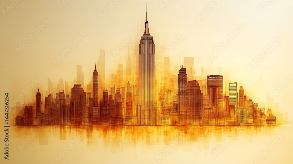 Obraz premium Golden-hued city skyline at dawn or dusk featuring a prominent skyscraper and a multitude of buildings reflected in the