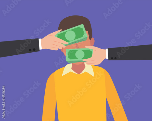 Hand Cash Money On Mouth and Eye Makes a Man Silent. Hush Money Concept. Illustration Vector Cartoon.